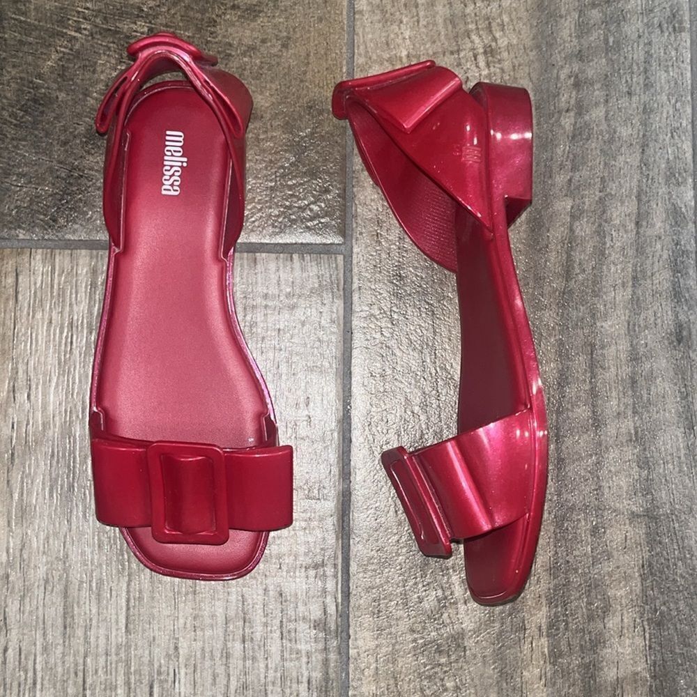 Melissa ruby red bow slipon open toe flats.
